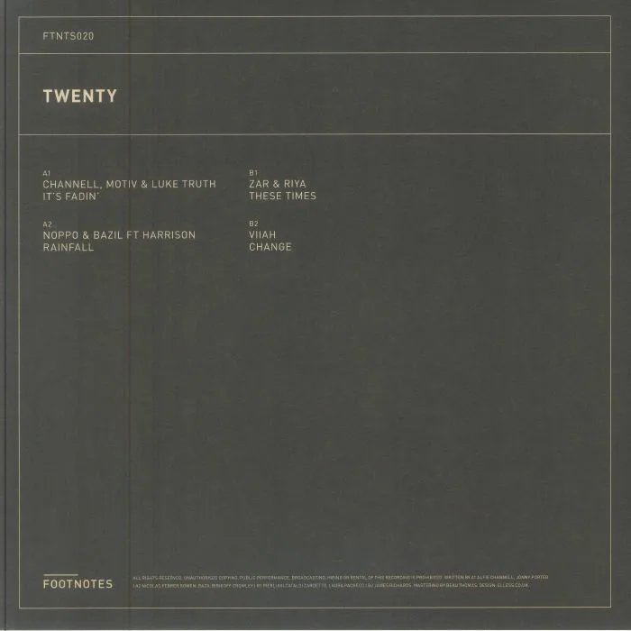 Back cover — CHANNELL / MOTIV / LUKE TRUTH / NOPPO / BAZIL feat HARRISON / ZAR / RIYA / VIIAH — Twenty: 12" Sampler