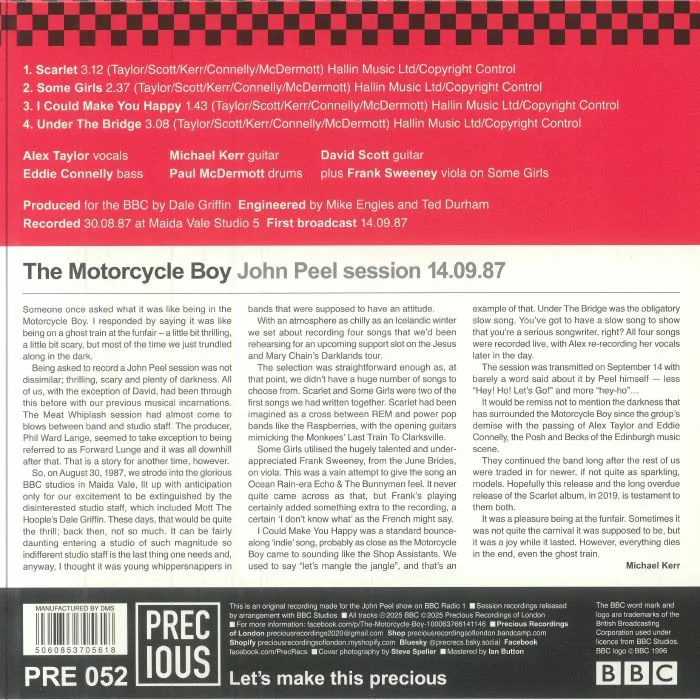 Back cover — The MOTORCYCLE BOY — John Peel Session 14 / 09 / 87