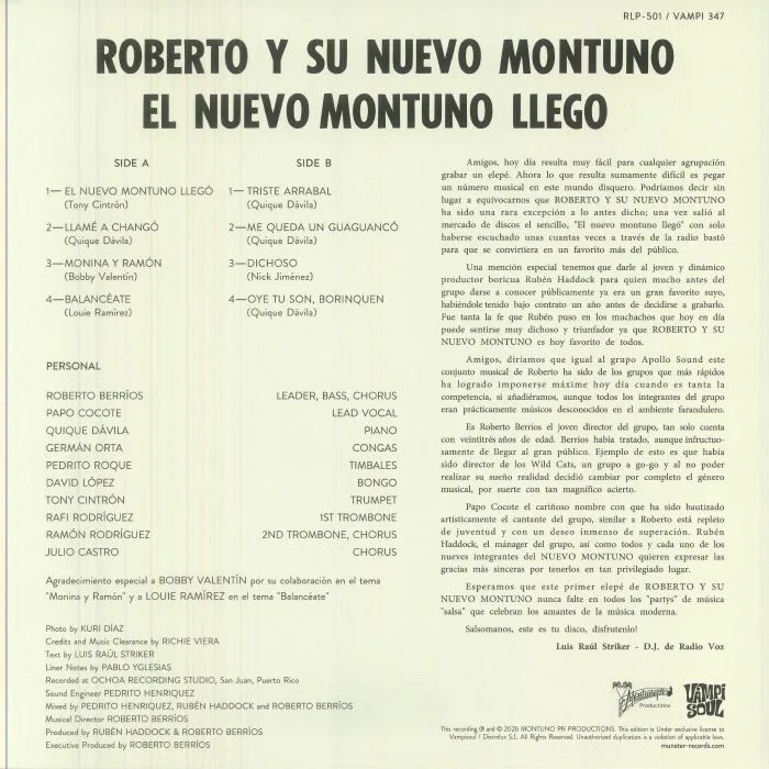Обратная сторона обложки — ROBERTO Y SU NUEVO MONTUNO — El Nuevo Montuno Llego (remastered)