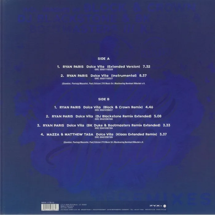 Back cover — Ryan PARIS — Dolce Vita (remixes)