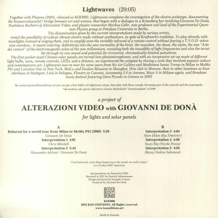 Обратная сторона обложки — ALTERAZIONI VIDEO / GIOVANNI DE DONA — Lightwaves