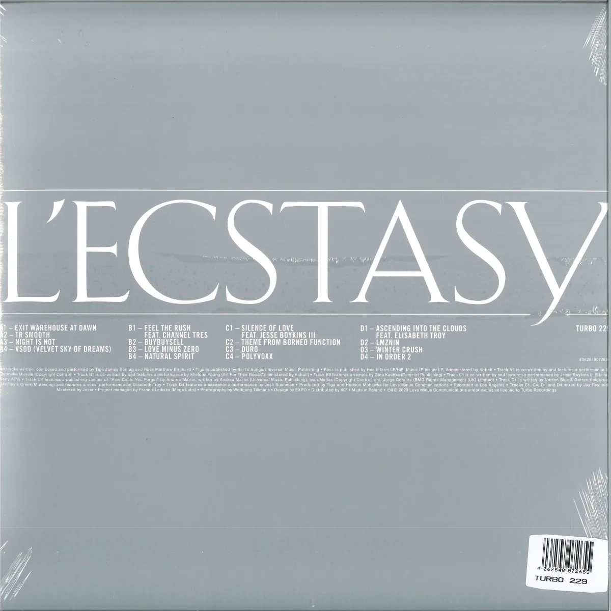 Обратная сторона обложки — Tiga&Hudson Mohawke — L'ECSTACY LP 2x12"