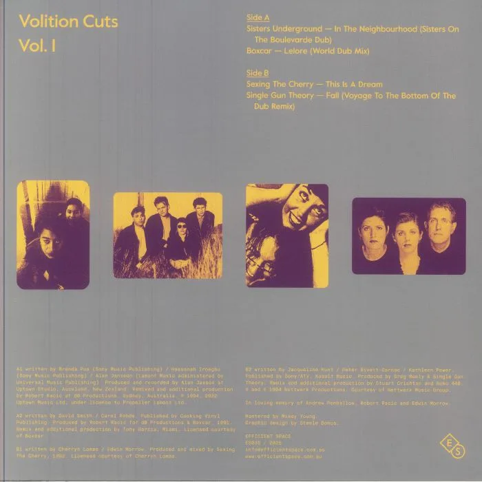 Back cover — SISTERS UNDERGROUND / BOXCAR / SEXING THE CHERRY / SINGLE GUN THEORY — Volition Cuts Vol 1
