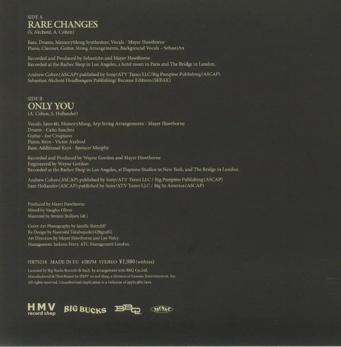 Back cover — Mayer HAWTHORNE — Rare Changes
