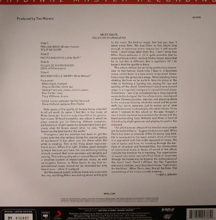 Back cover — Miles DAVIS — Filles De Kilimanjaro