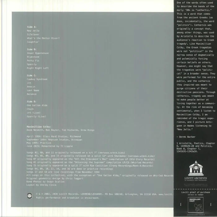Back cover — MAXIMILLIAN COLBY — Discography