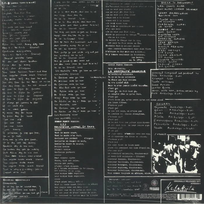 Обратная сторона обложки — Fela KUTI & AFRICA 70 — Sorrow Tears & Blood (reissue)