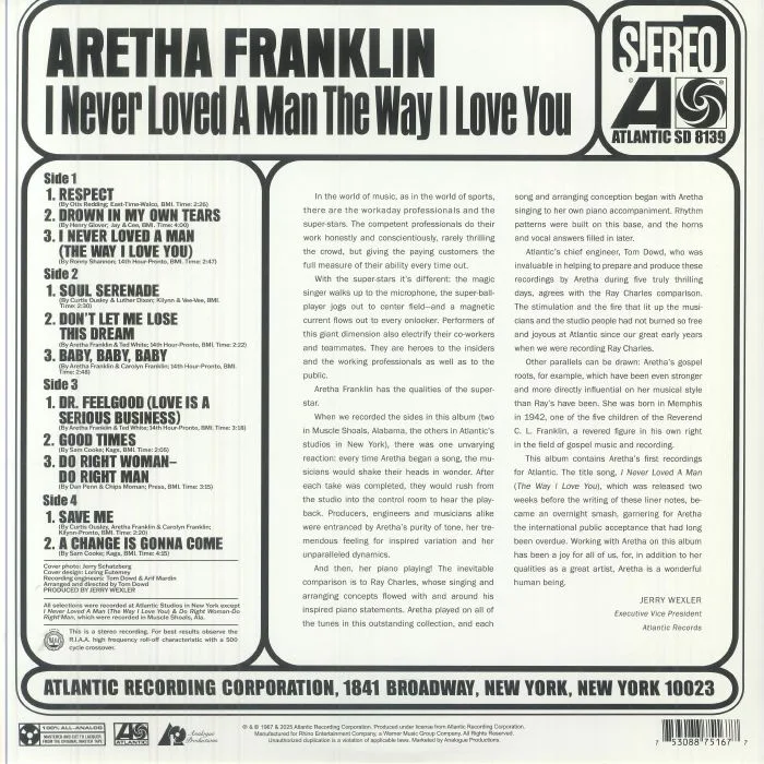 Обратная сторона обложки — Aretha FRANKLIN — I Never Loved A Man The Way I Love You (Atlantic 75 Series)