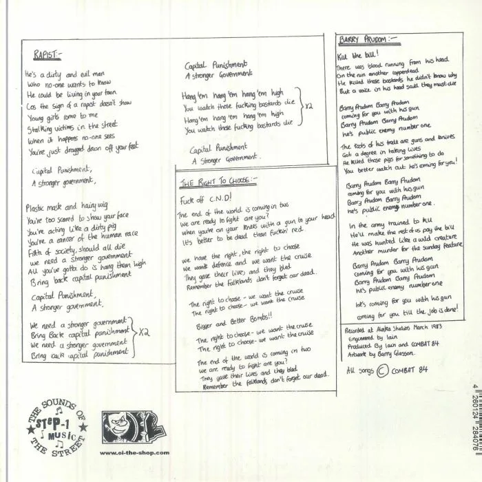 Back cover — COMBAT 84 — Rapist (reissue)