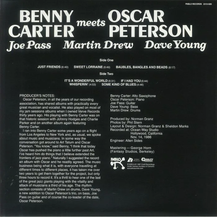Обратная сторона обложки — Benny CARTER meets OSCAR PETERSON — Benny Carter Meets Oscar Peterson (reissue)