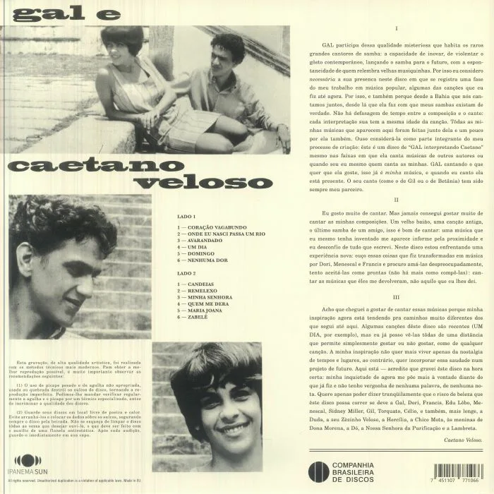 Back cover — Gal COSTA / CAETANO VELOSO — Domingo