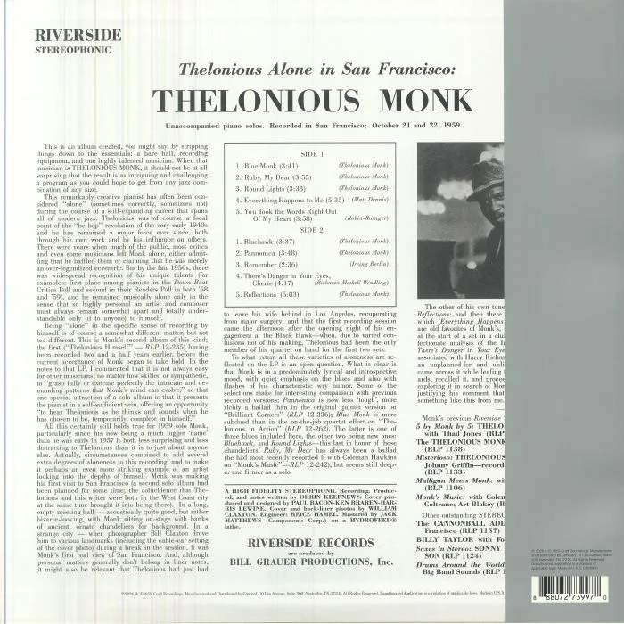 Back cover — Thelonious MONK — Thelonious Alone In San Francisco (Original Jazz Classics Series)