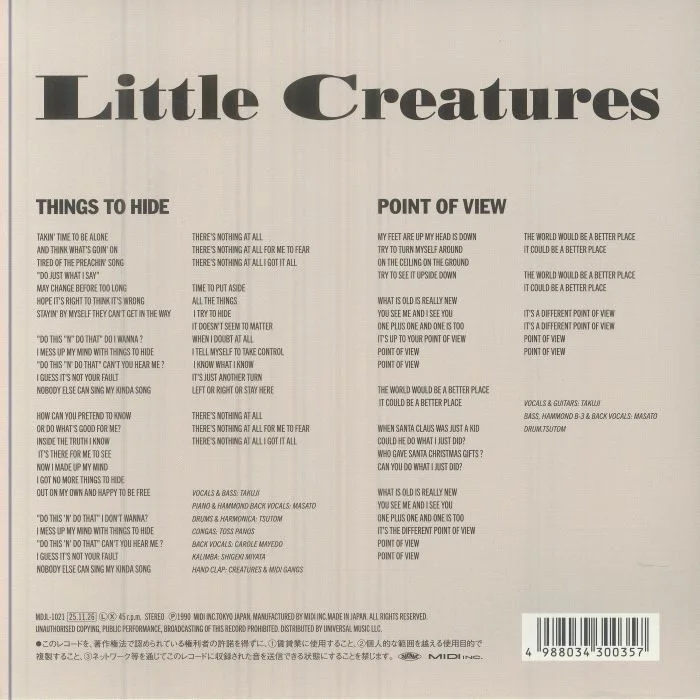 Обратная сторона обложки — LITTLE CREATURES — Things To Hide