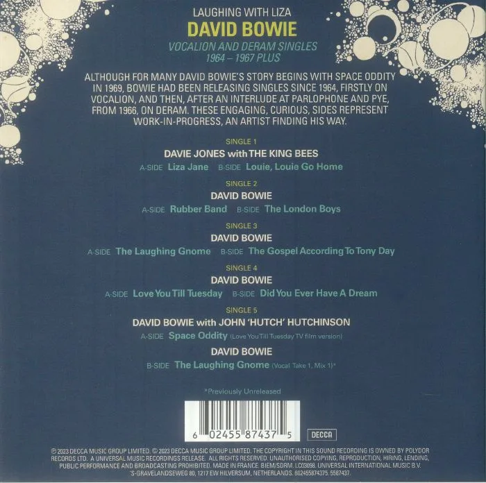 Back cover — David BOWIE — Laughing With Liza: The Vocalion & Deram Singles 1964-1967 Plus (Record Store Day 2023)