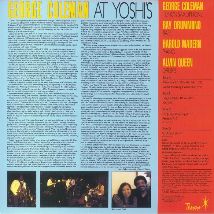 Обратная сторона обложки — George COLEMAN — At Yoshi's (remastered)