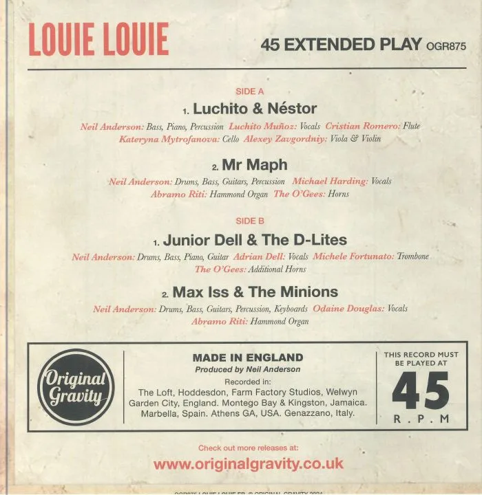 Back cover — LUCHITO / NESTOR / MR MAPH / JUNIOR DELL & THE D-LITES / MAX ISS & THE MINIONS — Louie Louie EP