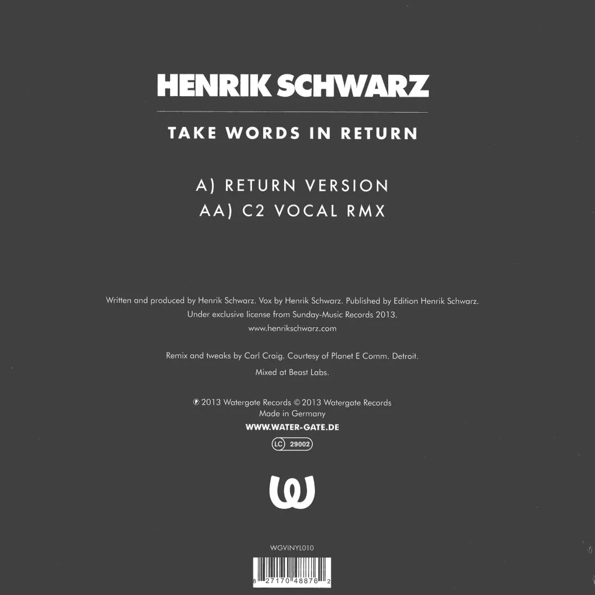 Обратная сторона обложки — Henrik Schwarz — Take Words In Return, C2 Vocal