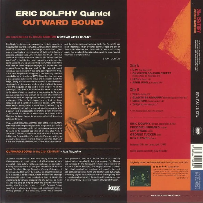 Back cover — ERIC DOLPHY QUINTET — Outward Bound (reissue)