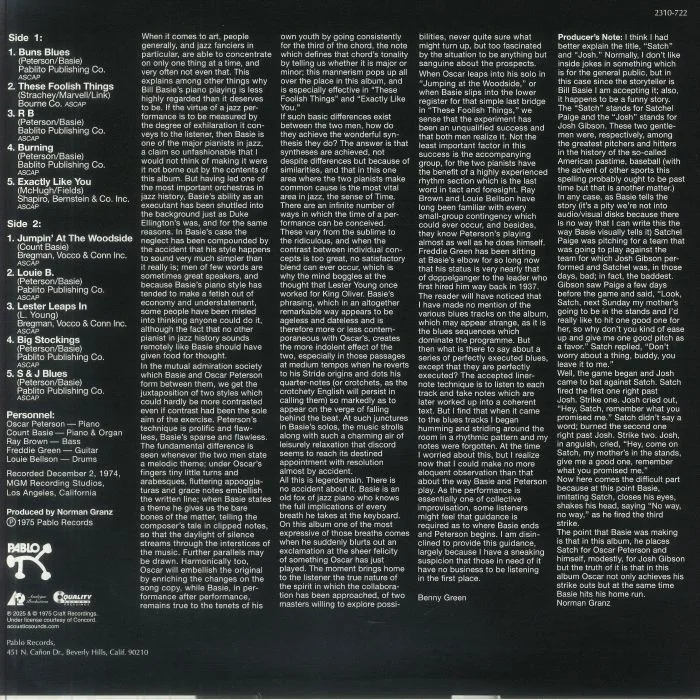 Back cover — Count BASIE / OSCAR PETERSON — 'Satch' & 'Josh': Count Basie Encounters Oscar Peterson (reissue)