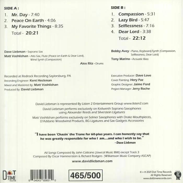 Back cover — DAVE LIEBMAN EXPANSIONS — Selflessness: The Music Of John Coltrane