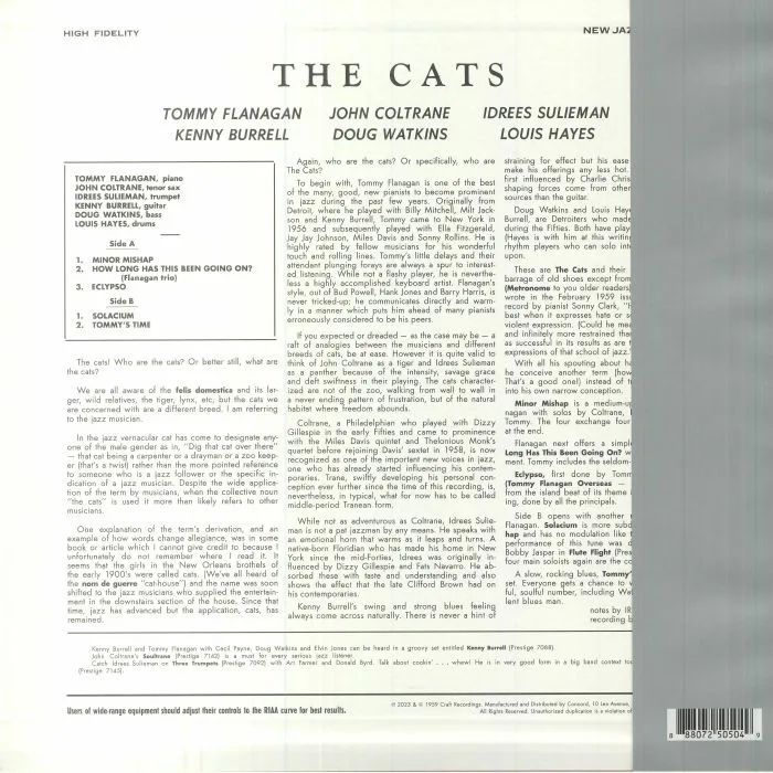 Back cover — Tommy FLANAGAN / JOHN COLTRANE / KENNY BURRELL / IDREES SULIEMAN — The Cats