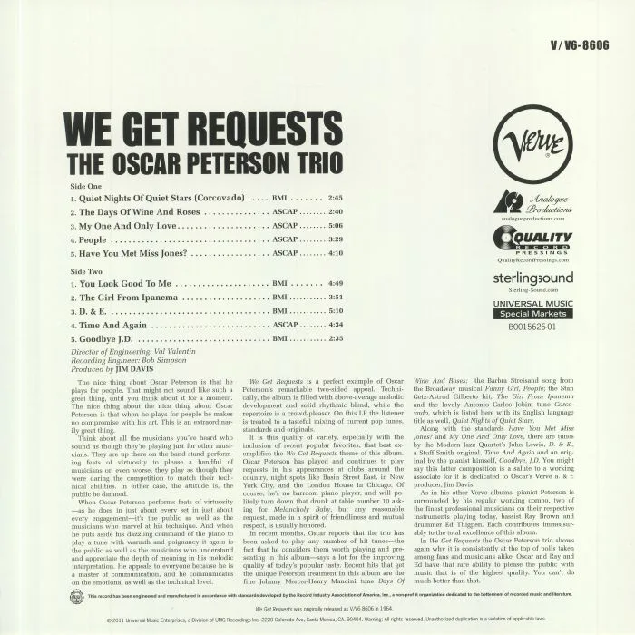 Обратная сторона обложки — The OSCAR PETERSON TRIO — We Get Requests (reissue)
