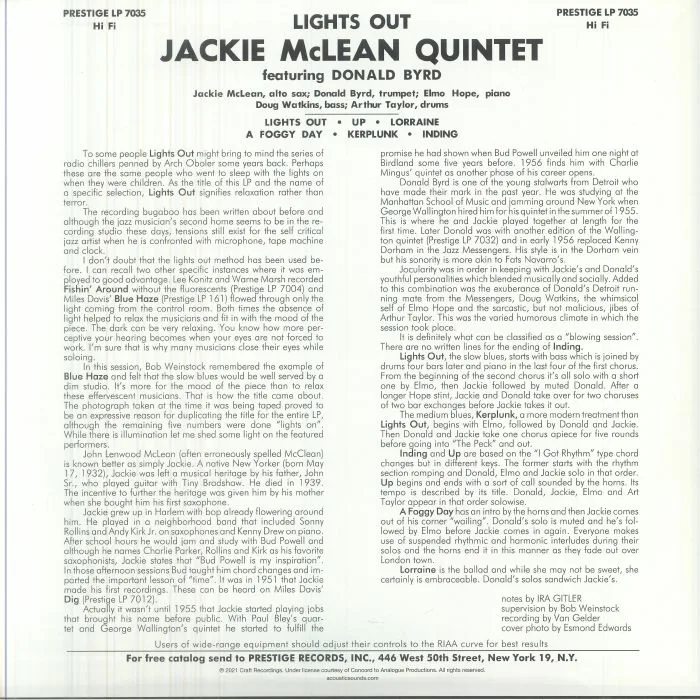 Обратная сторона обложки — The JACKIE McLEAN QUINTET with DONALD BYRD / ELMO HOPE — Lights Out! (reissue)