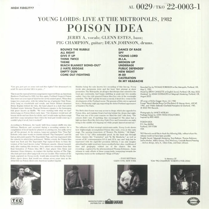 Back cover — POISON IDEA — Young Lords: Live At The Metropolis 1982