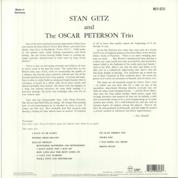 Back cover — Stan GETZ / THE OSCAR PETERSON TRIO — Stan Getz & The Oscar Peterson Trio (Verve Vault Series)
