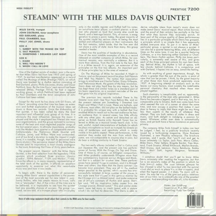 Back cover — The MILES DAVIS QUINTET — Steamin' With The Miles Davis Quintet (reissue)