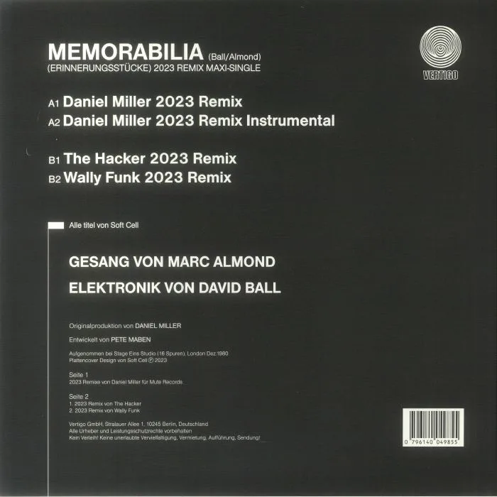 Back cover — SOFT CELL — Memorabilia (German Remix Edition)