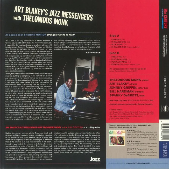 Back cover — ART BLAKEY's JAZZ MESSENGERS with THELONIOUS MONK — Art Blakey's Jazz Messengers with Thelonious Monk (reissue)