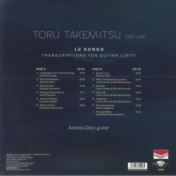 Back cover — Toru TAKEMITSU / ANDREA DIECI — 12 Songs: Transcriptions For Guitar