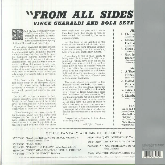 Back cover — Vince GUARALDI / BOLA SETE — From All Sides (Original Jazz Classics Series)