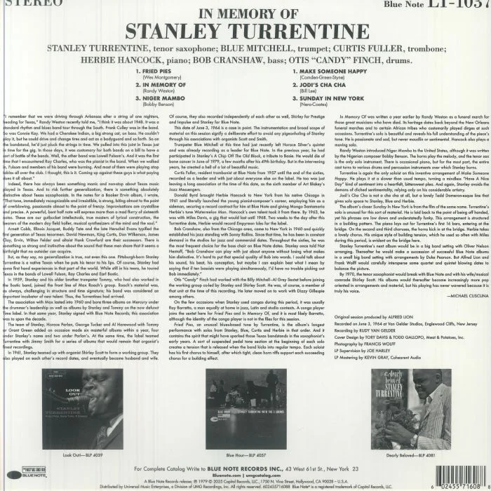 Back cover — Stanley TURRENTINE — In Memory Of Stanley Turrentine (Tone Poet Series)
