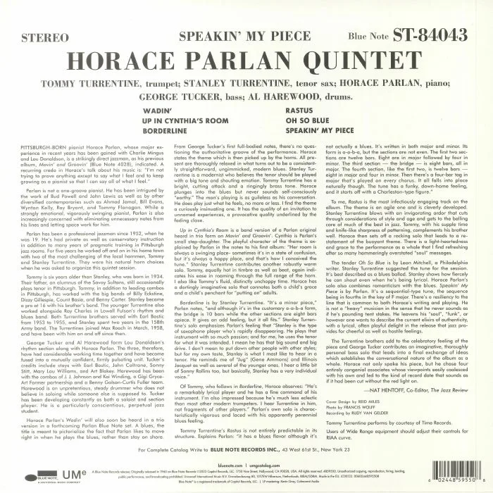 Обратная сторона обложки — HORACE PARLAN QUINTET — Speakin' My Piece (remastered)