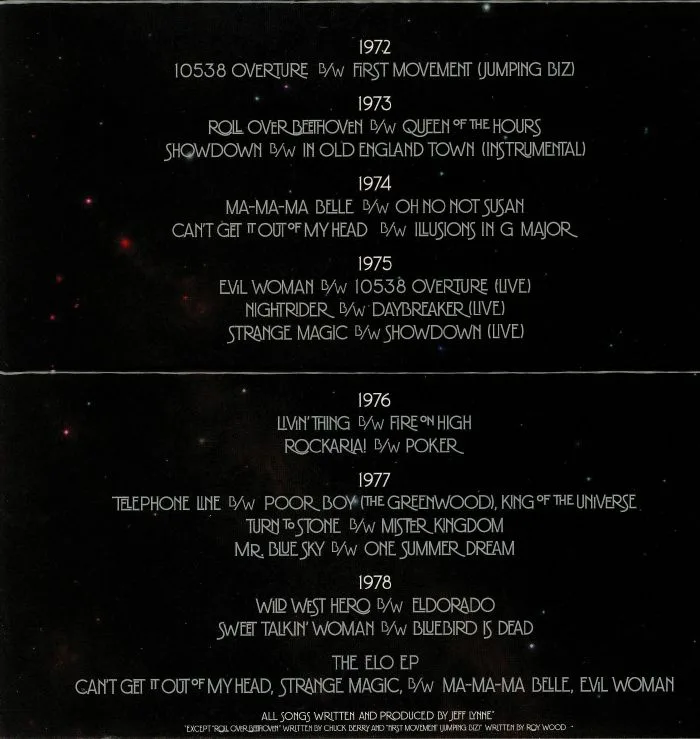 Back cover — The ELECTRIC LIGHT ORCHESTRA — The UK Singles Vol 1 1972-1978