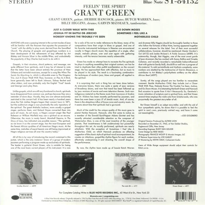 Back cover — Grant GREEN — Feelin' The Spirit (Tone Poet Series) (remastered)