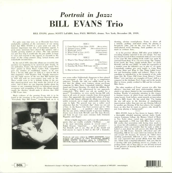 Обратная сторона обложки — BILL EVANS TRIO — Portrait In Jazz