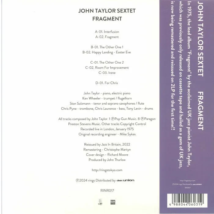 Back cover — JOHN TAYLOR SEXTET — Fragment (remastered)