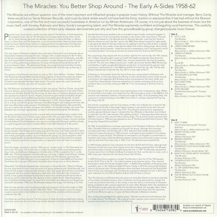 Back cover — The MIRACLES — You Better Shop Around: The Early A-Sides 1958-62