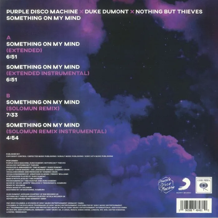 Обратная сторона обложки — PURPLE DISCO MACHINE / DUKE DUMONT / NOTHING BUT THIEVES — Something On My Mind