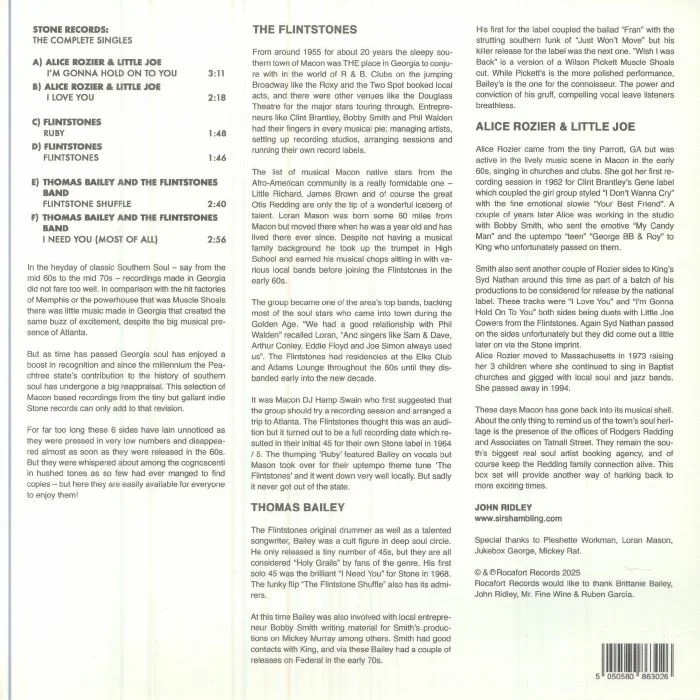 Back cover — Alice ROZIER / LITTLE JOE / FLINTSTONES / THOMAS BAILEY / THE FLINTSTONES BAND — Stone Records: The Complete Singles