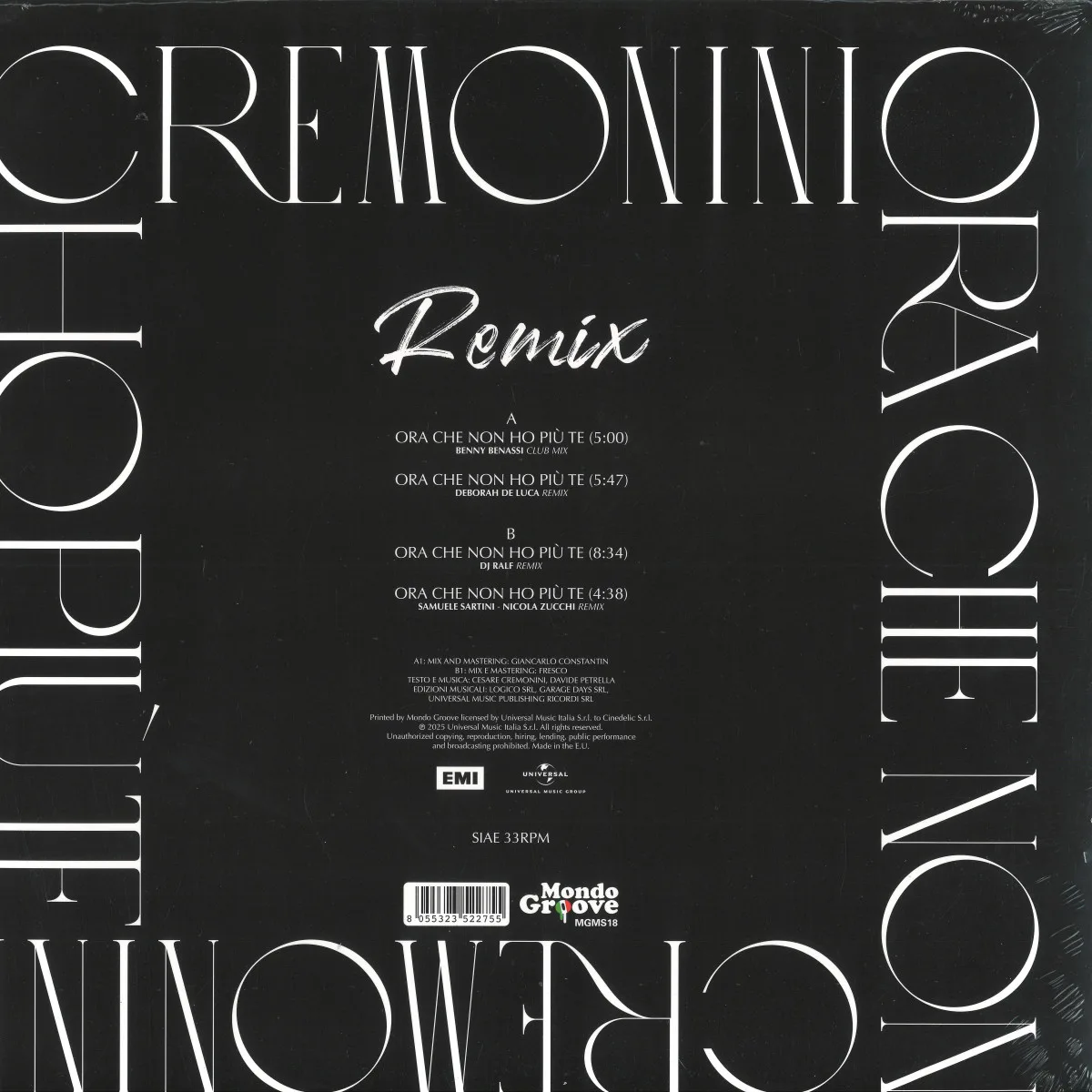 Обратная сторона обложки — Cesare Cremonini — ORA CHE NON HO PIÙ TE (REMIXES) EP