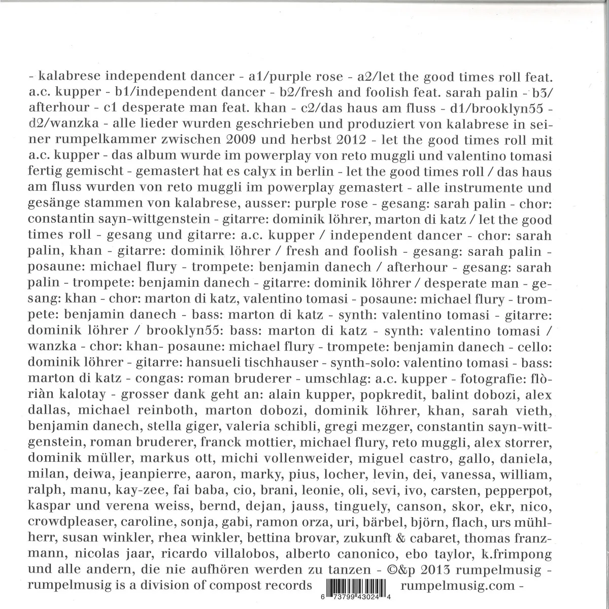 Обратная сторона обложки — Kalabrese — Independent Dancer LP 2x12"