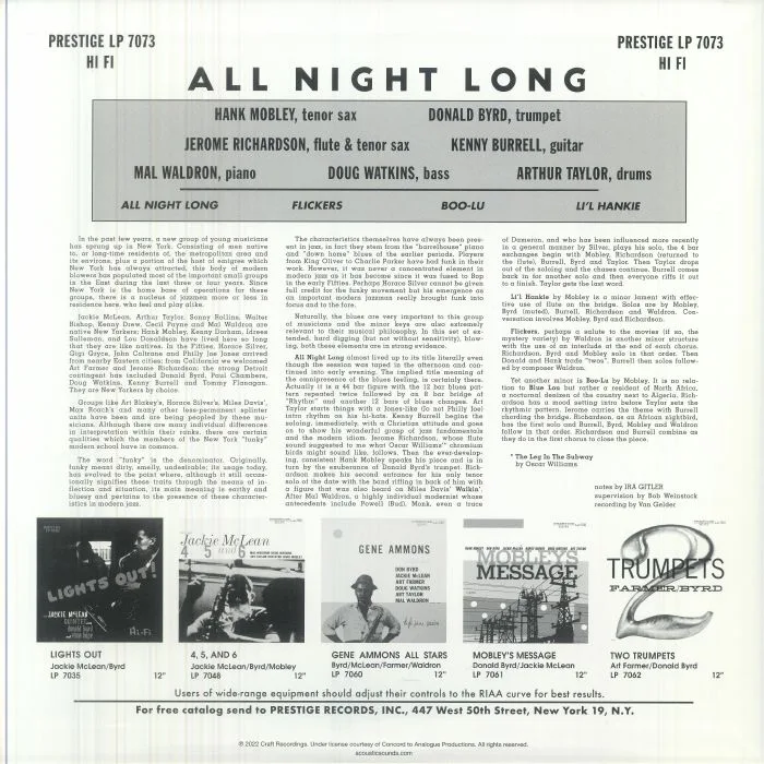 Back cover — The PRESTIGE ALL STARS — All Night Long (reissue)