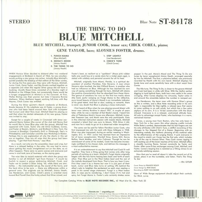 Back cover — BLUE MITCHELL — The Thing To Do (Blue Note Classic Vinyl Series)