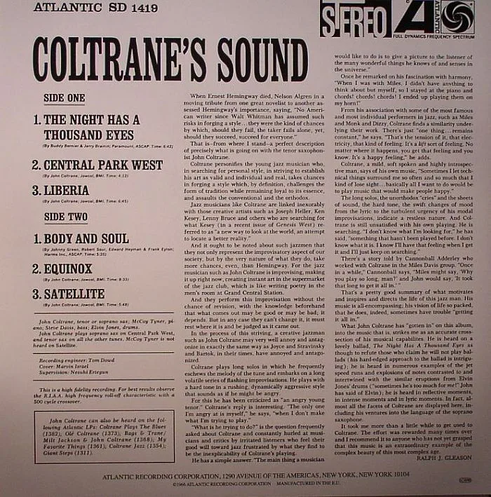 Обратная сторона обложки — John COLTRANE — Coltrane's Sound
