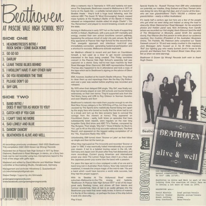 Обратная сторона обложки — BEATHOVEN — Live At Pascoe Vale High School 1977 (Record Store Day RSD 2026)