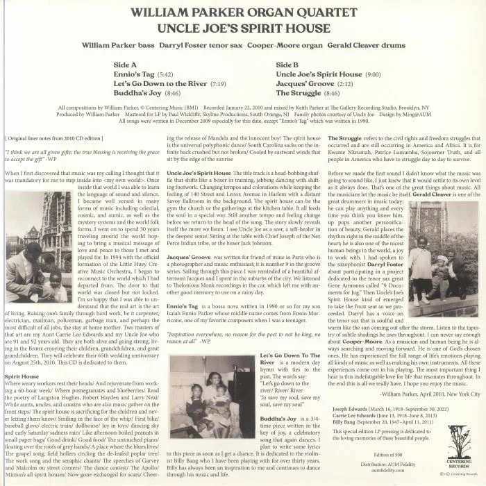 Обратная сторона обложки — WILLIAM PARKER ORGAN QUARTET — Uncle Joe's Spirit House